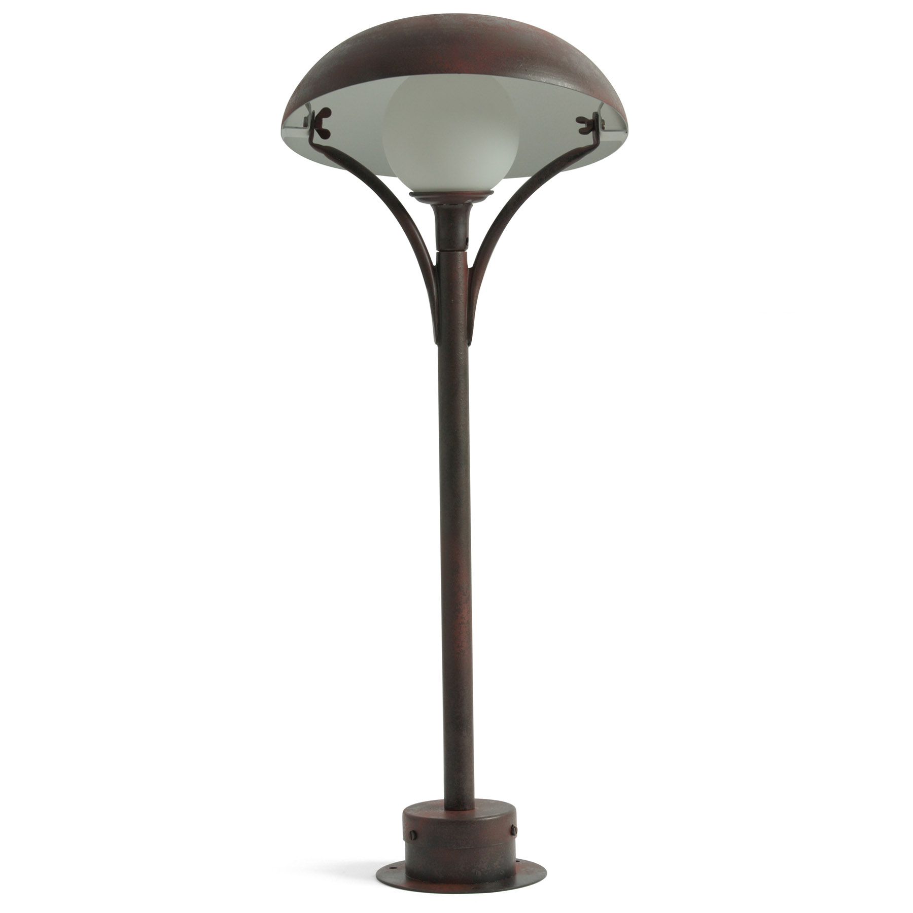 Garden light with glass globe and metallic shade Cèpe: Edelrost-Farbe